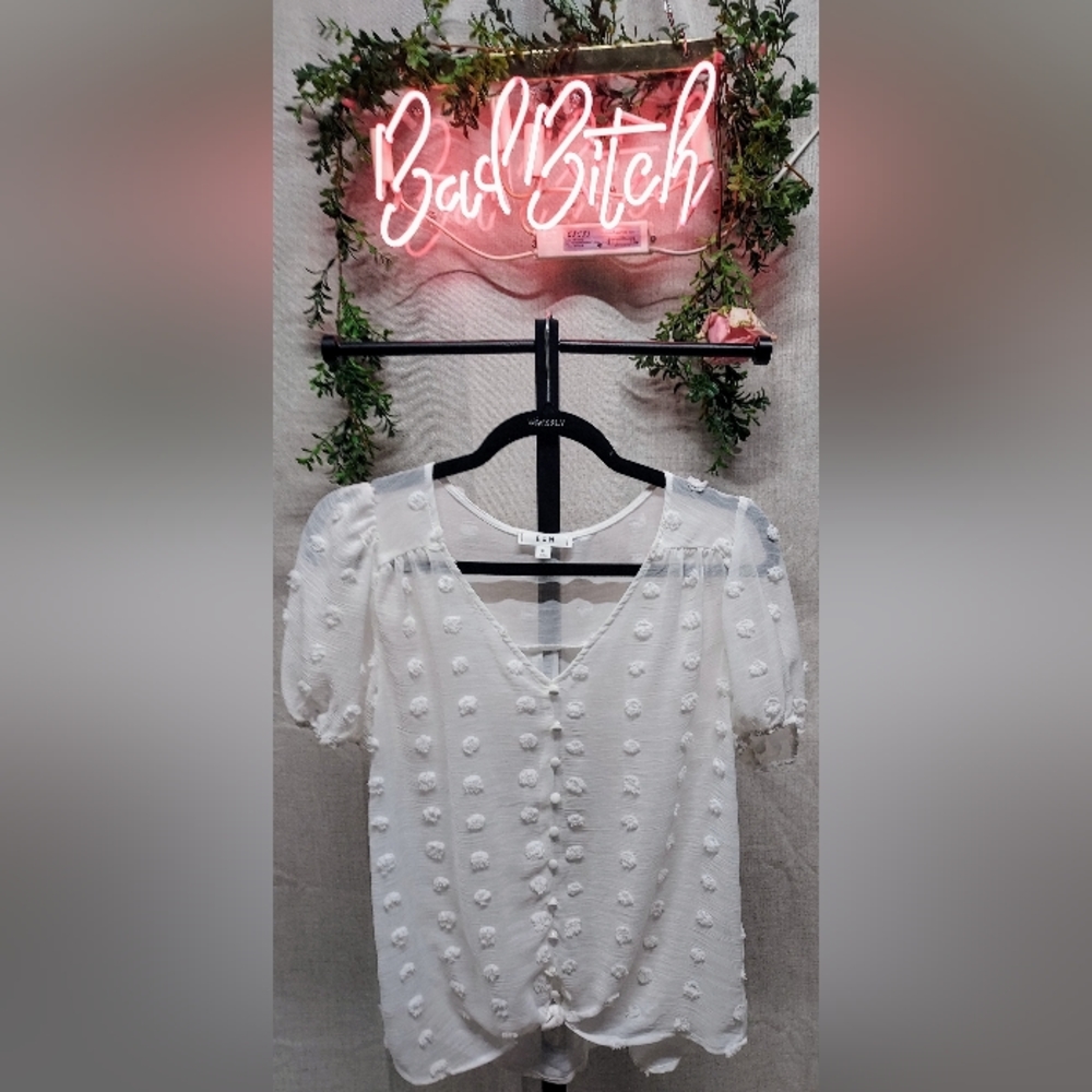 E&M white button front Swiss dot short sleeve top